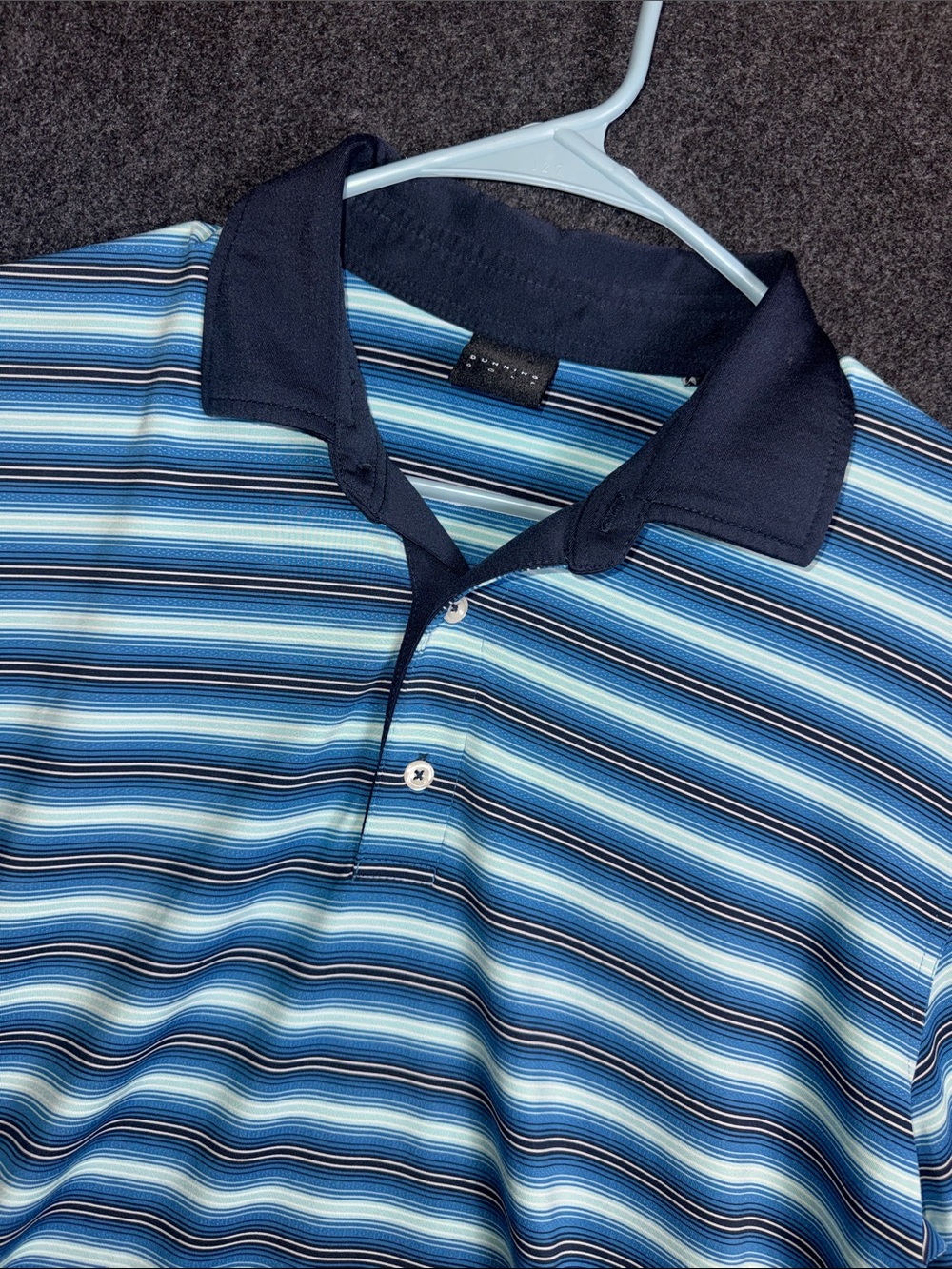 Dunning Golf Mens Blue Striped Performance Polo Shirt Size Medium Short Sleeve